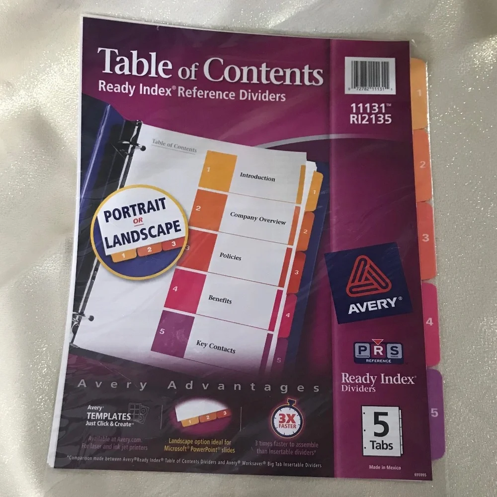 Table of Contents 11131 RI2135 Avery Ready Index Dividers 5 Tabs